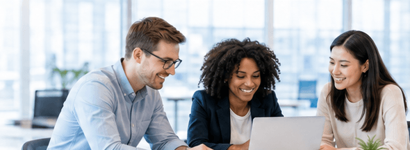 A workplace team collaborating around a laptop